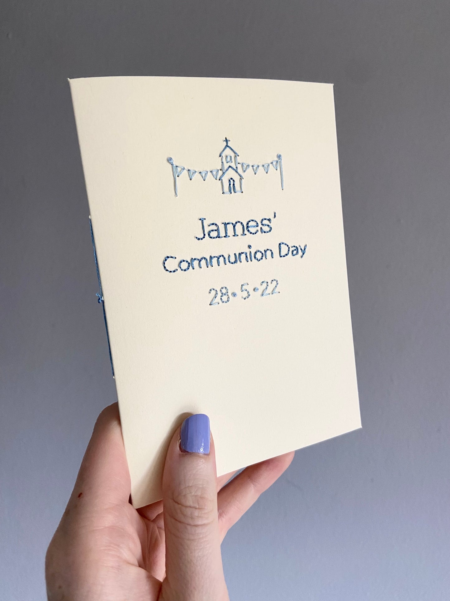 Hand-stitched Personalised Communion Day Card with Date