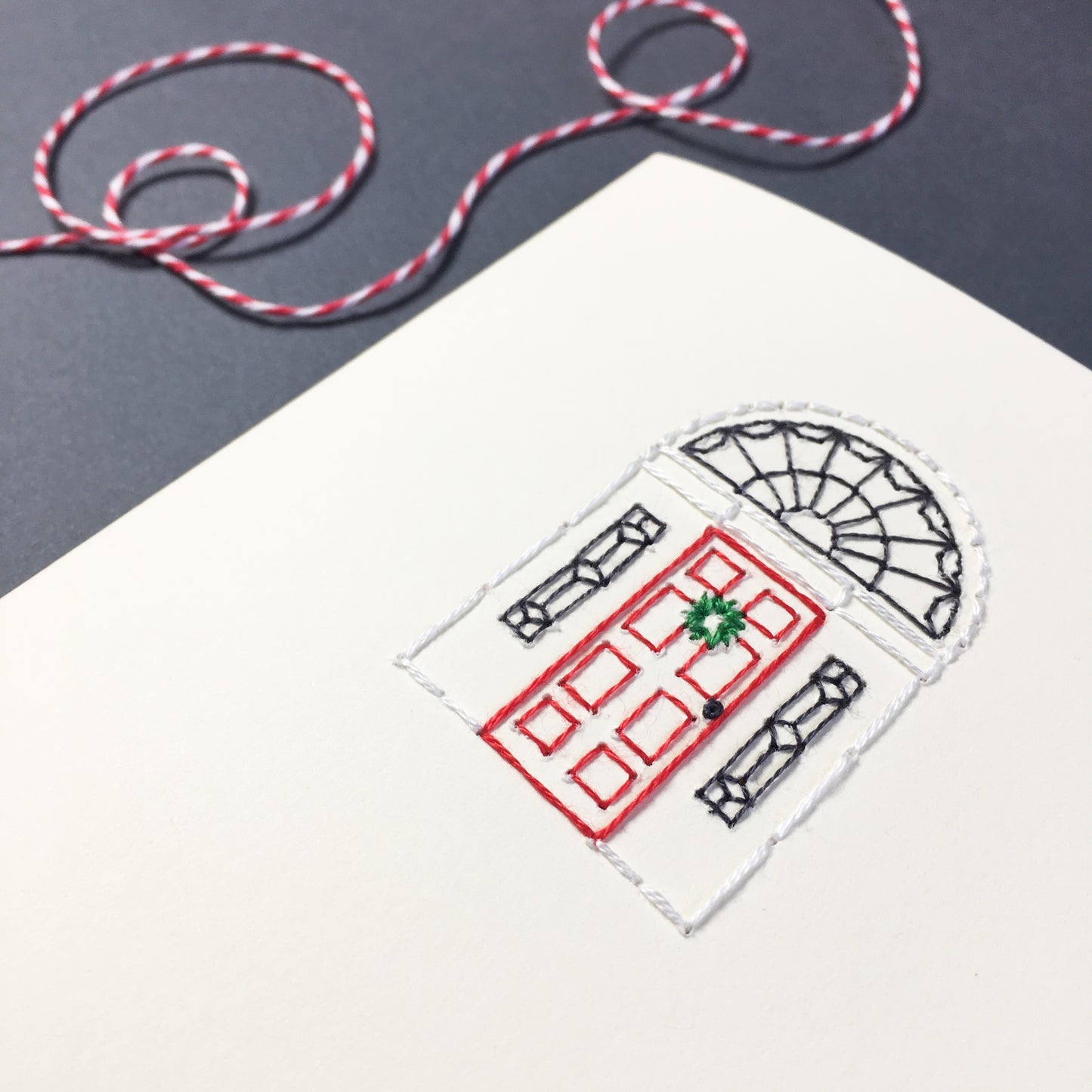 Hand-stitched Irish Christmas Georgian Door + Merry & Bright Card (Two Cards)