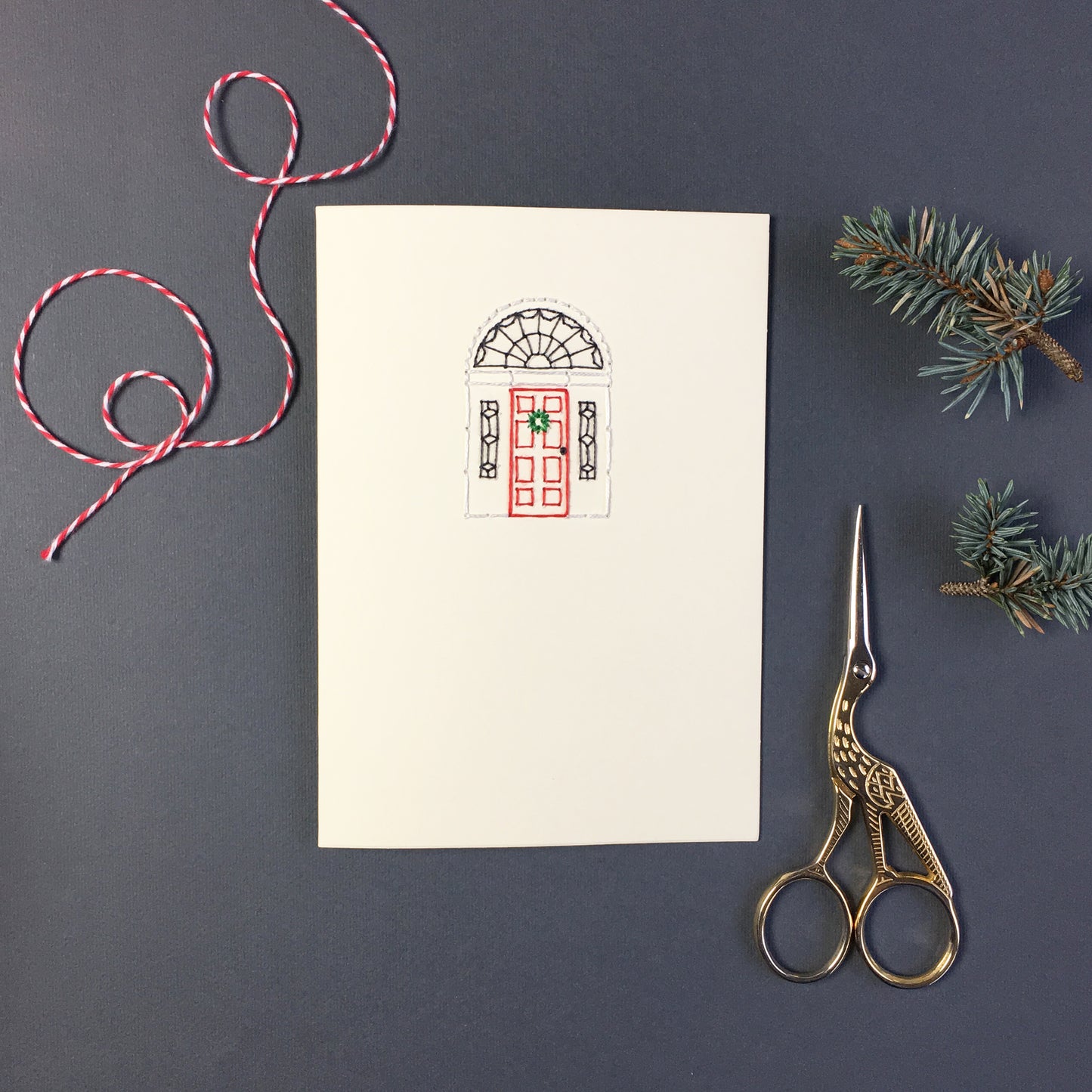 Hand-stitched Irish Christmas Georgian Door + Merry & Bright Card (Two Cards)