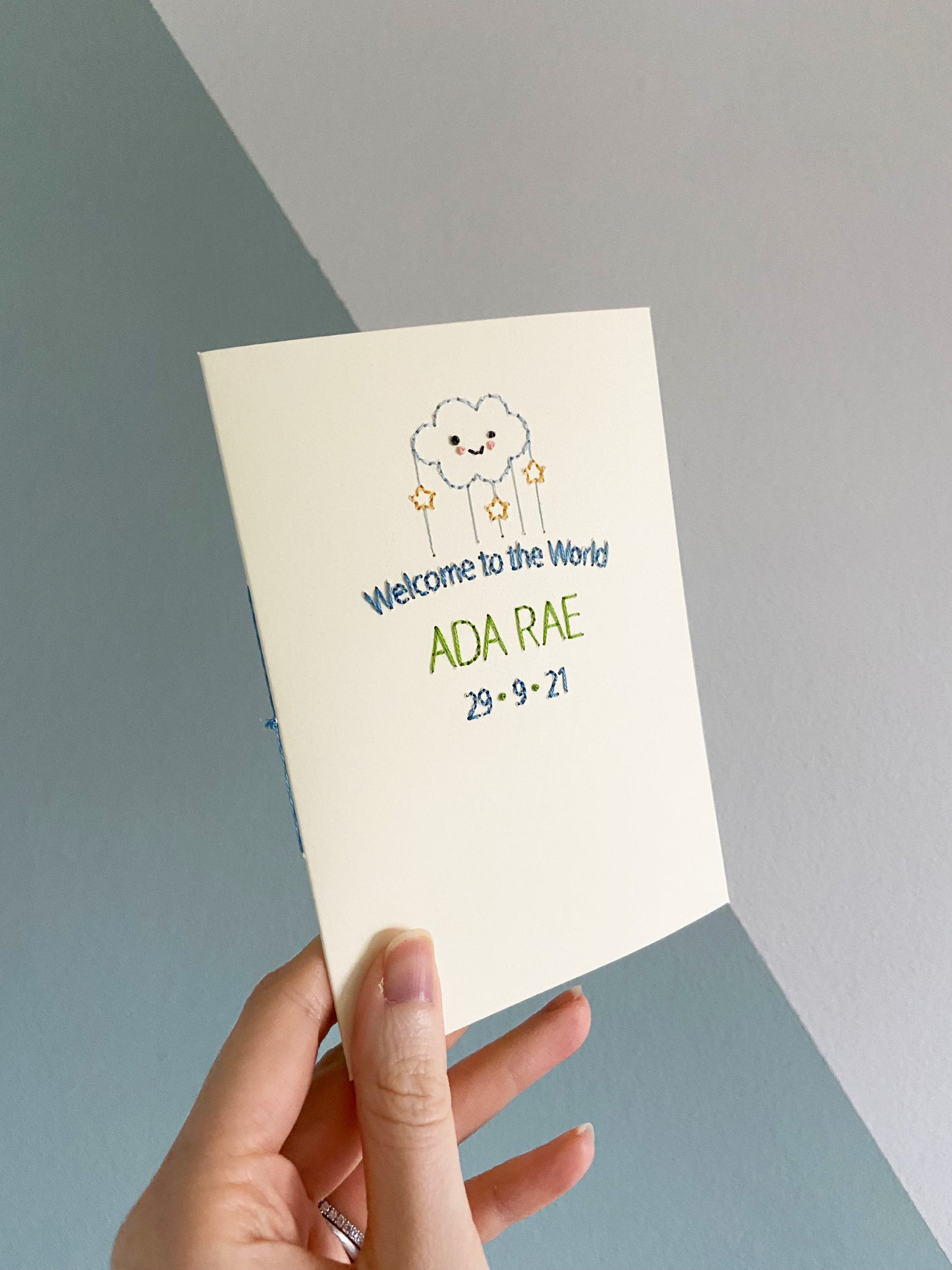 Hand-stitched Personalised Double Barrel Name Welcome to the World Card - Blue