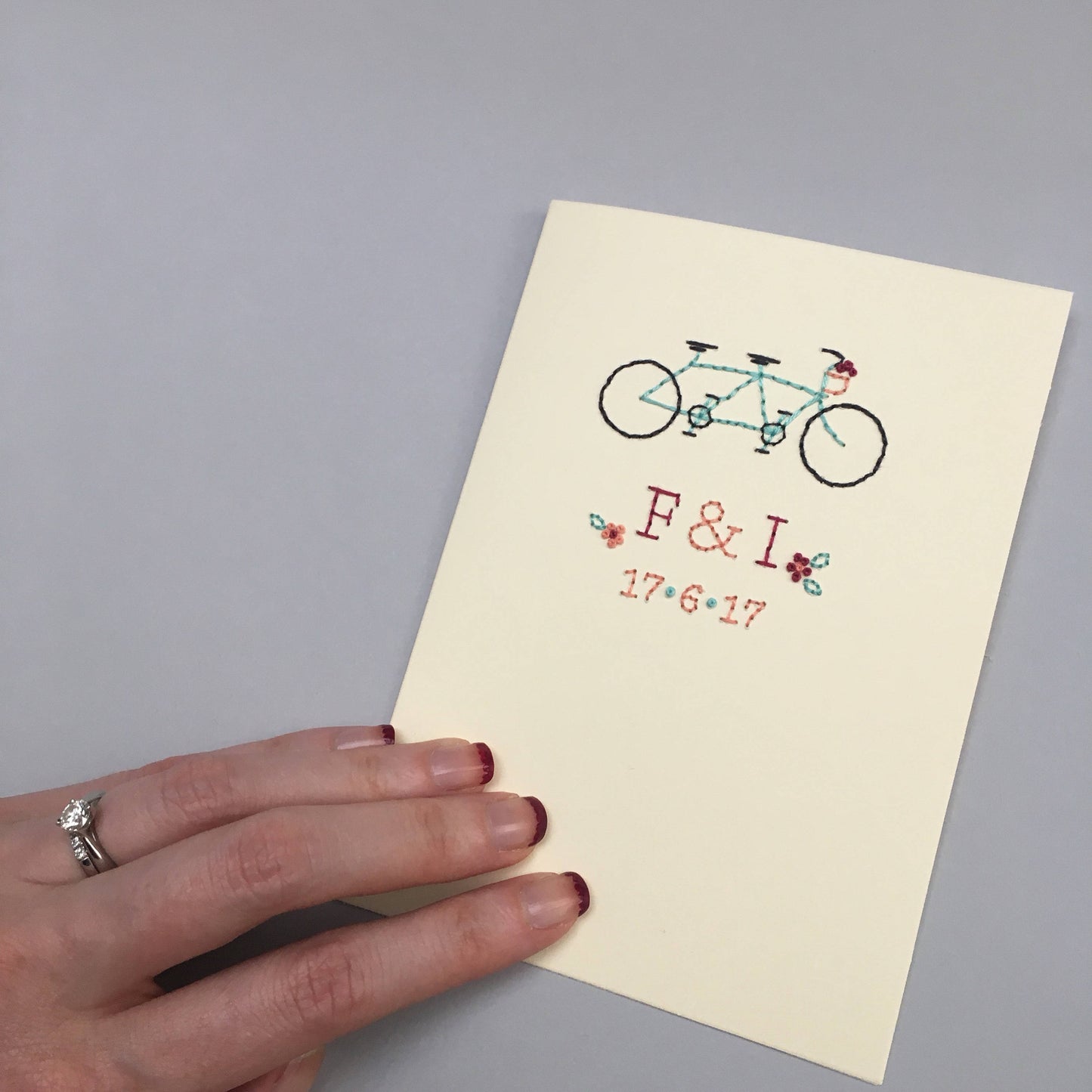 Hand-stitched Tandem Bicycle Couple Card and Date
