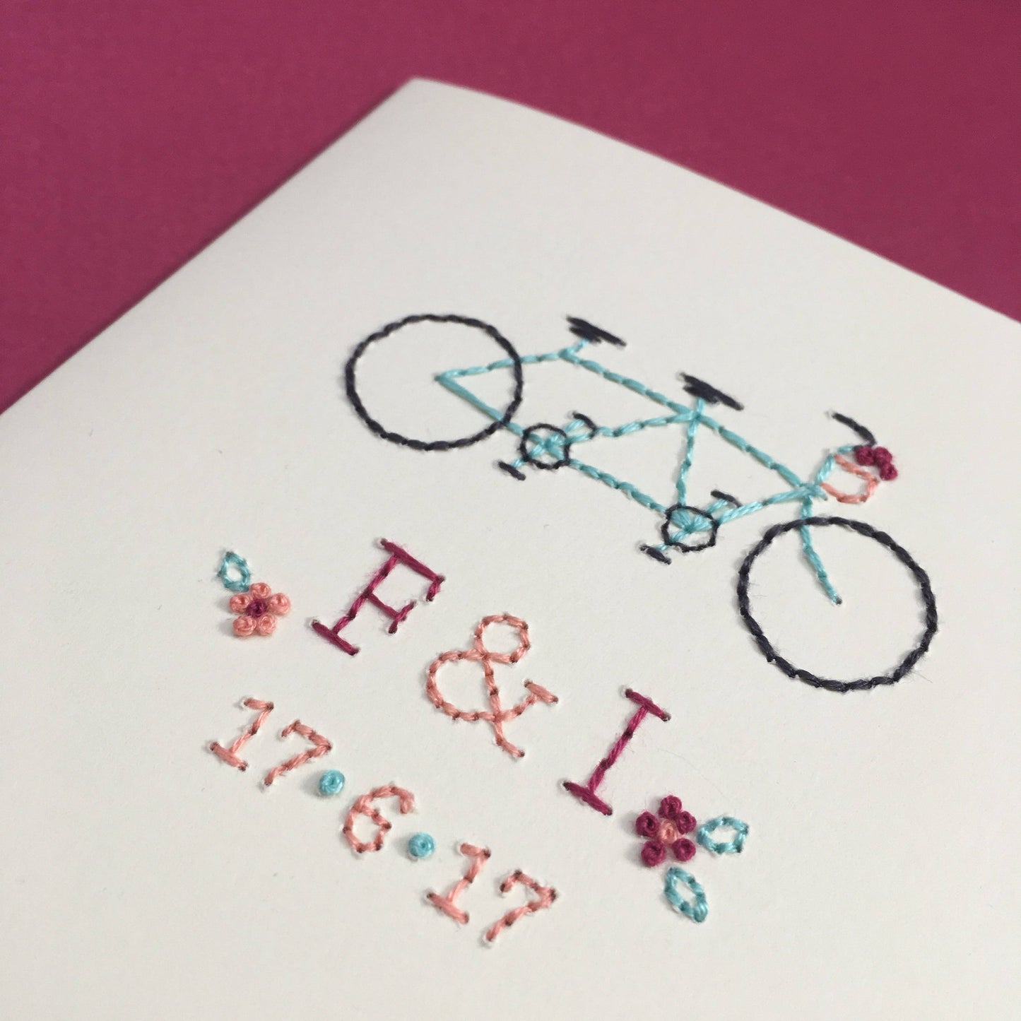 Hand-stitched Tandem Bicycle Couple Card and Date