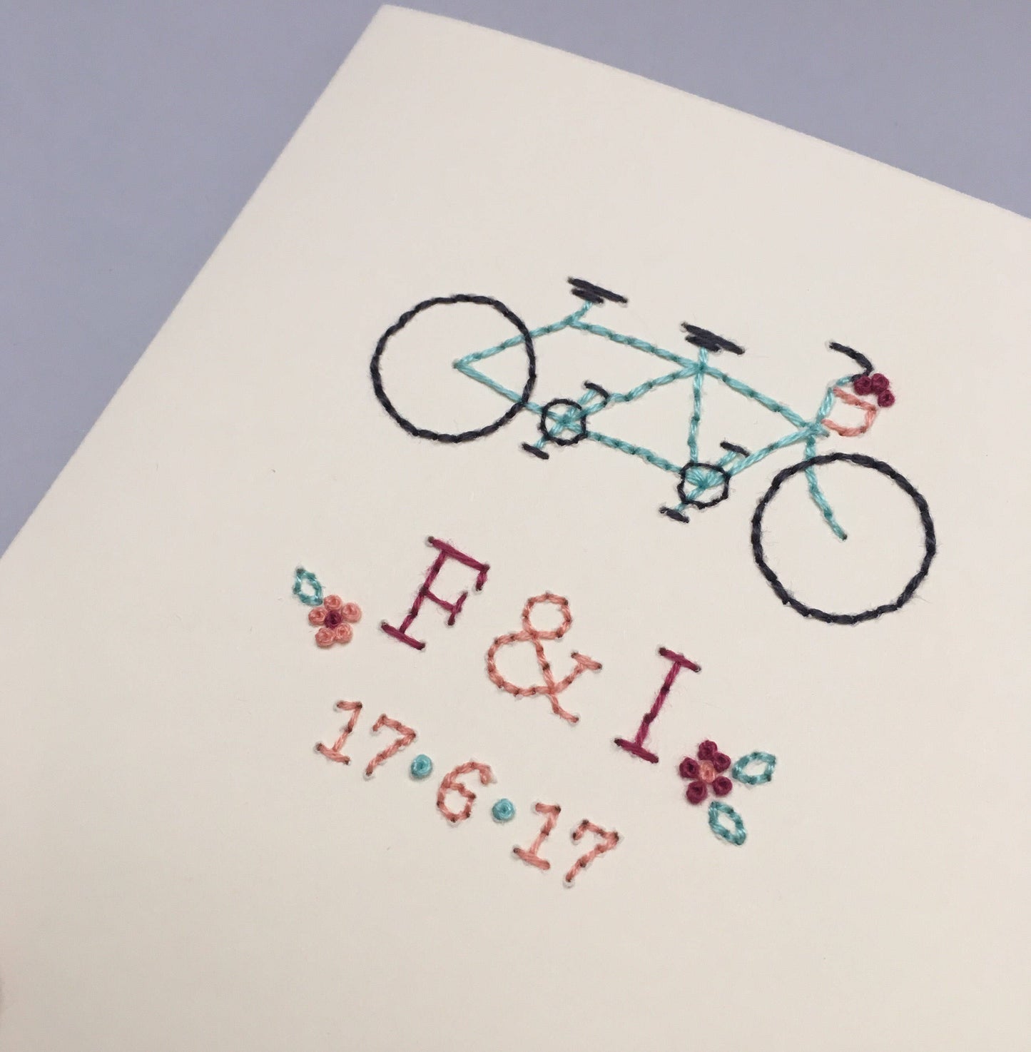 Hand-stitched Tandem Bicycle Couple Card and Date