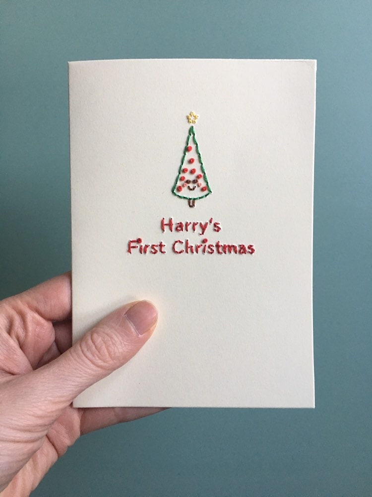 Hand-stitched Personalised Baby's First Christmas Tree Card