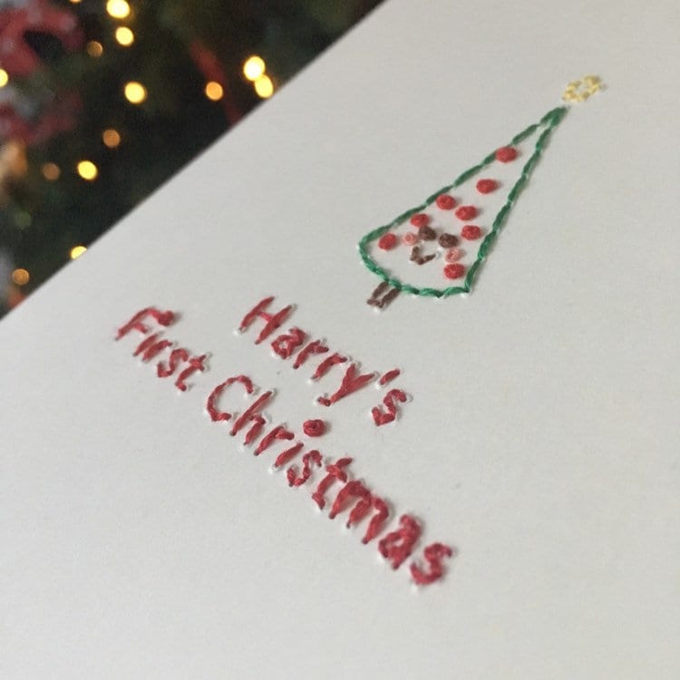 Hand-stitched Personalised Baby's First Christmas Tree Card