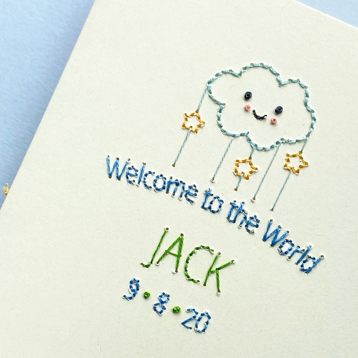Hand-stitched Personalised Welcome to the World Card with Date - Blue