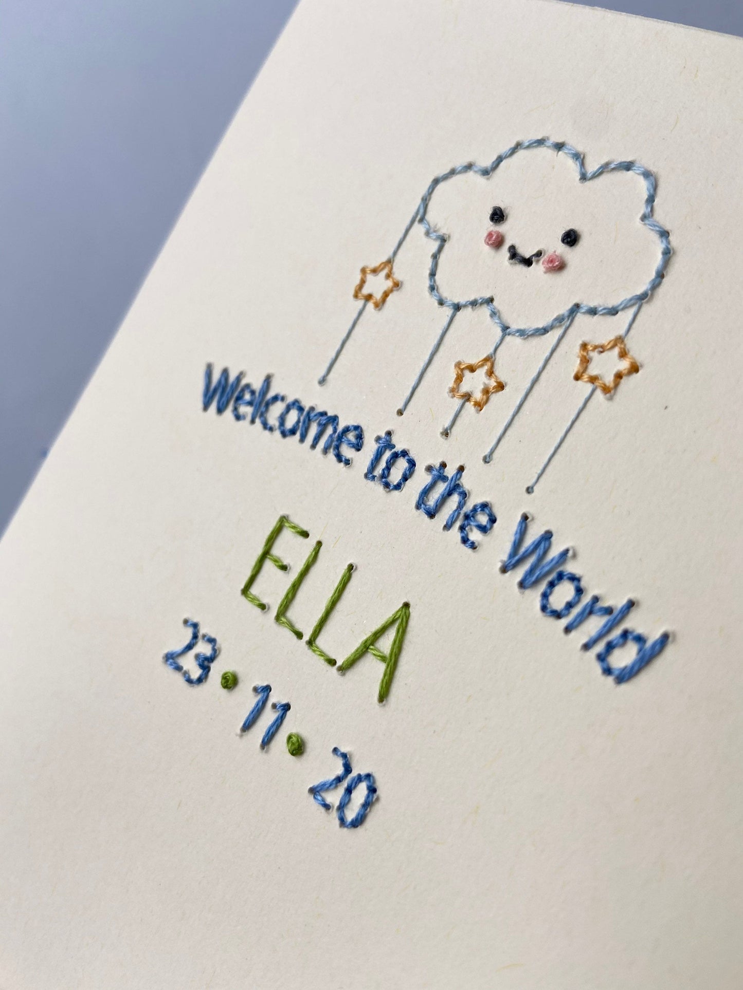 Hand-stitched Personalised Welcome to the World Card with Date - Blue