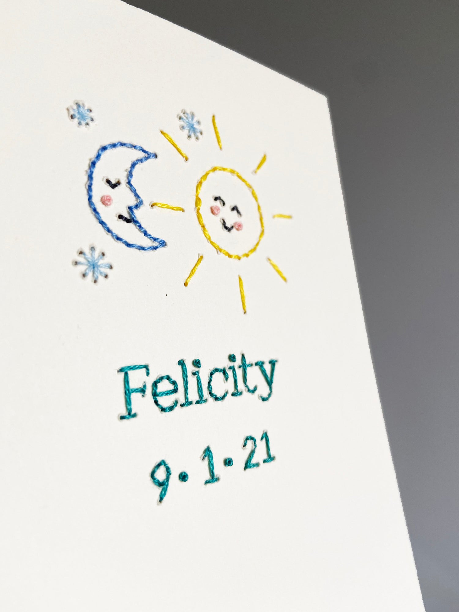 Hand-stitched Personalised Sun & Moon Baby Card