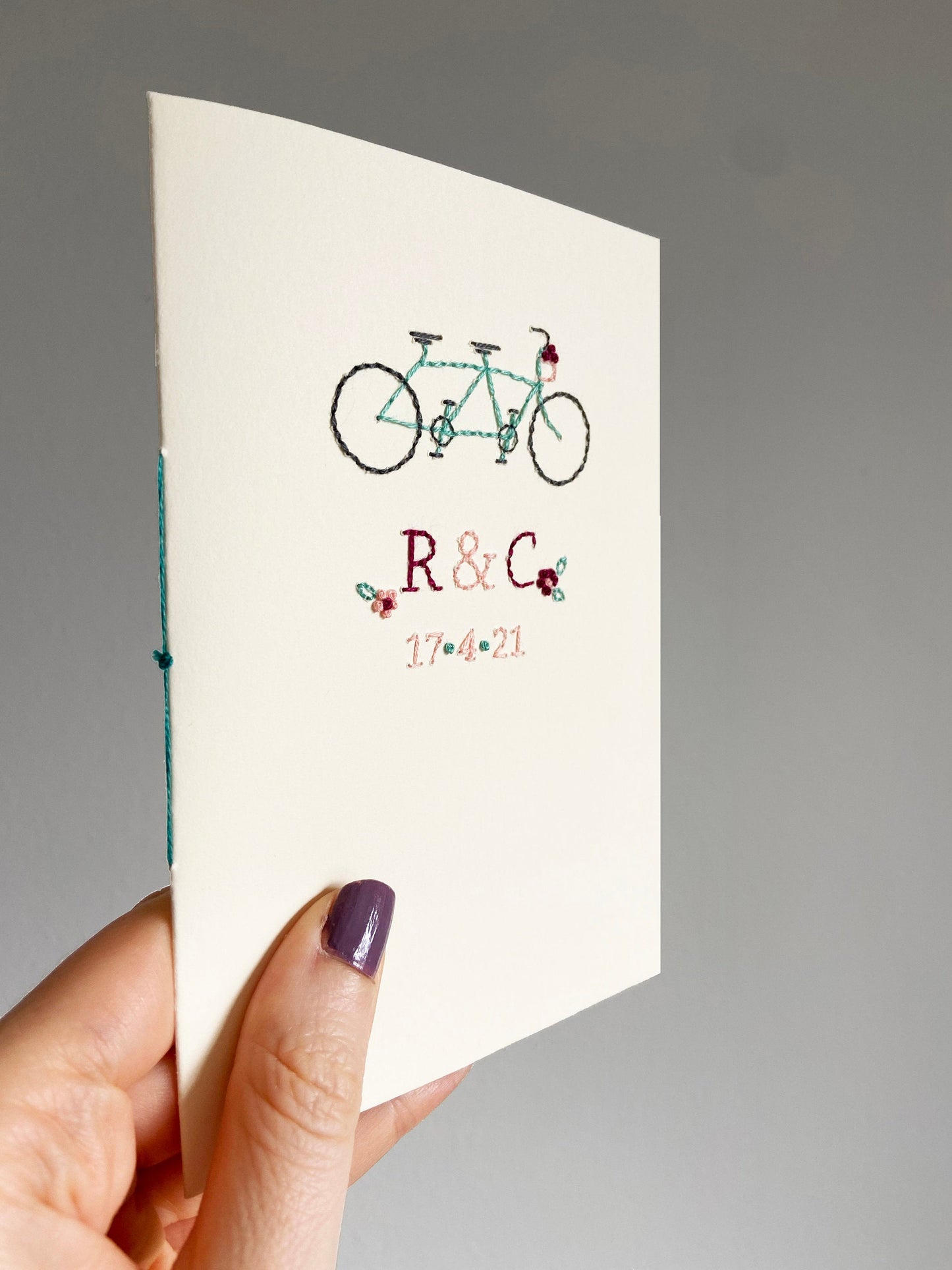 Hand-stitched Tandem Bicycle Couple Card and Date
