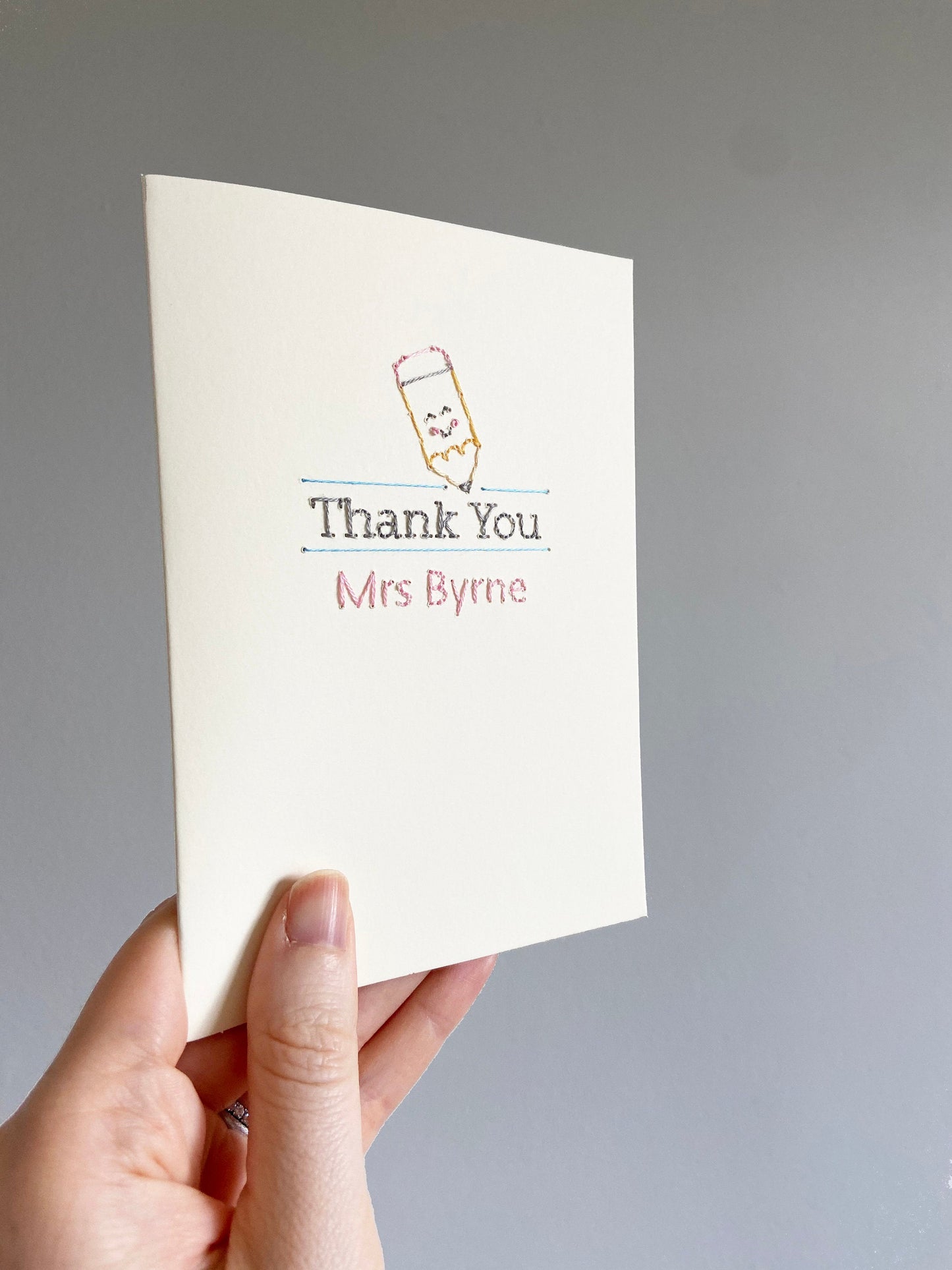 Hand-stitched Personalised Thank You Teacher Card with Happy Yellow Pencil