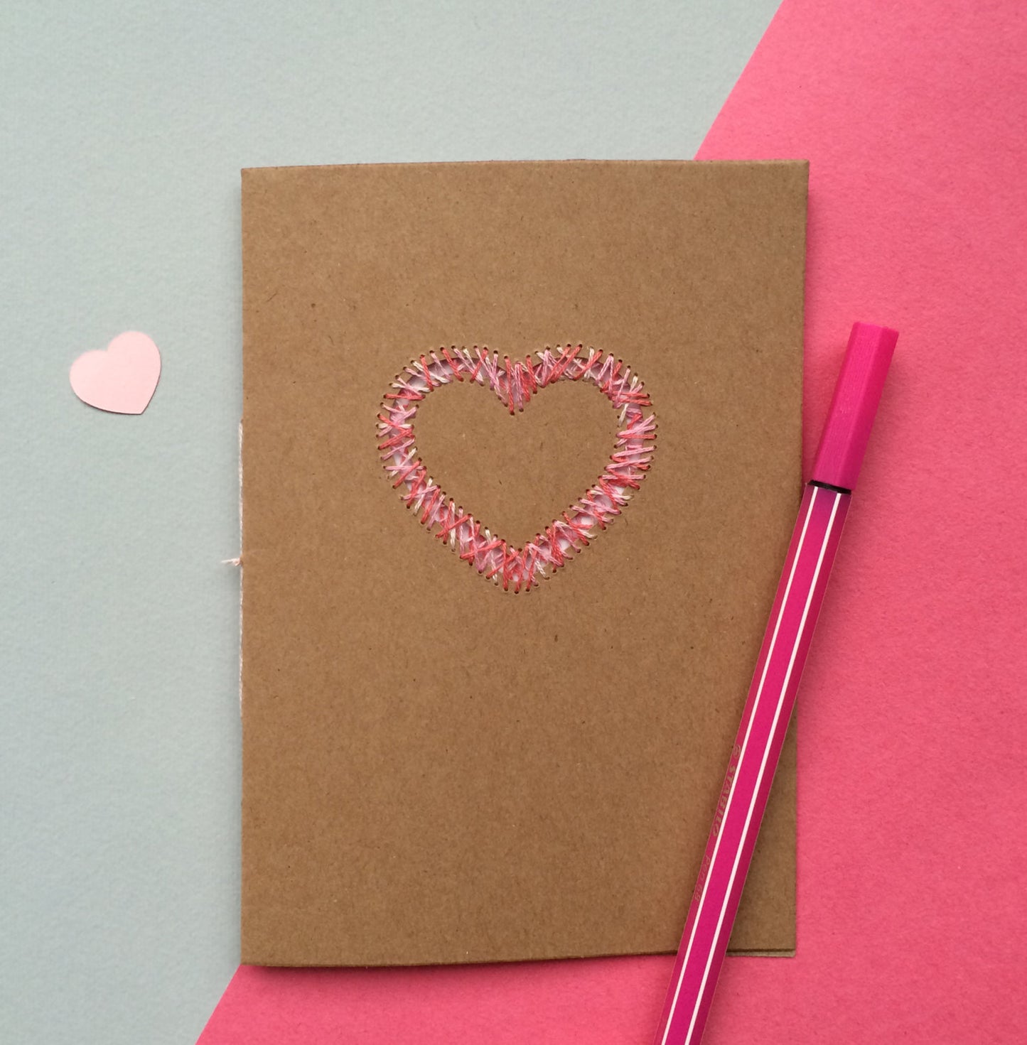 Handstitched Suspended Love Heart in Recycled Card