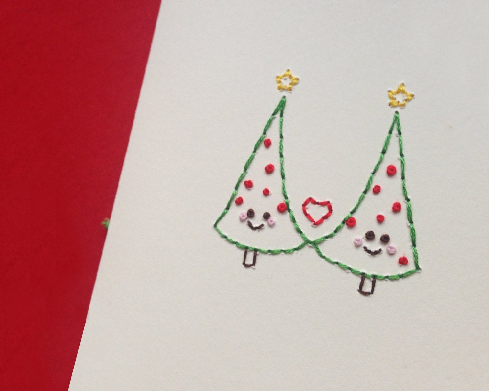 Hand-stitched Christmas Tree Couple with Heart
