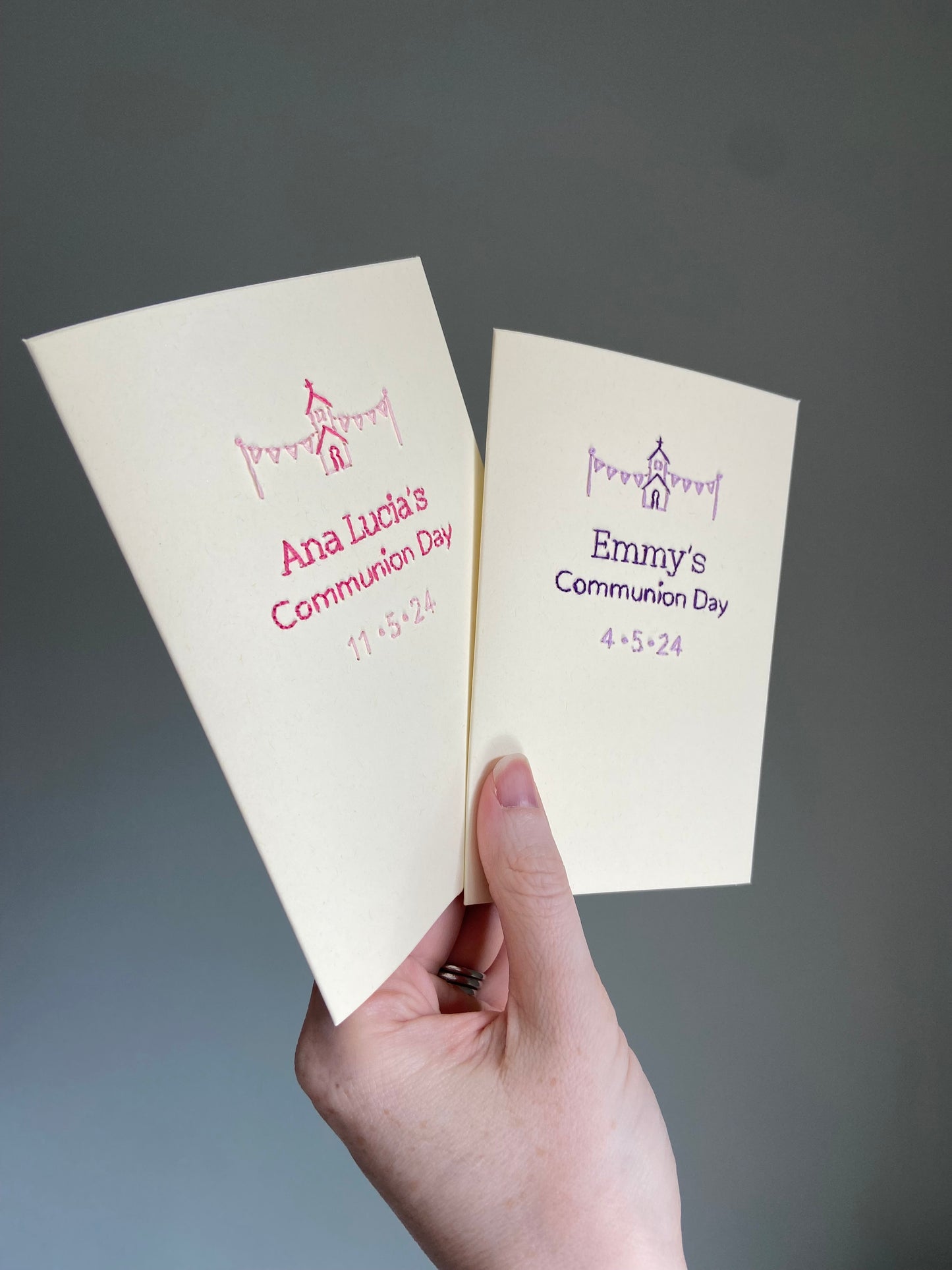 Hand-stitched Personalised Communion Day Card with Date Bundle (set of two)