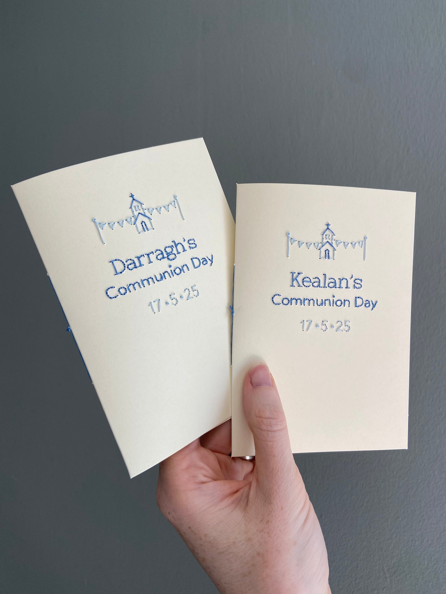 Hand-stitched Personalised Communion Day Card with Date Bundle (set of two)