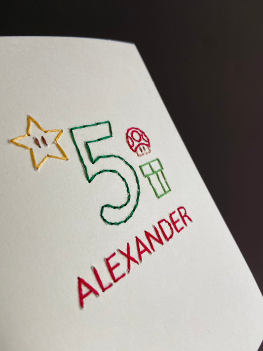 Hand-stitched Personalised Super Mario inspired Birthday Card