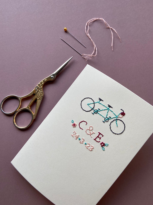 Hand-stitched Tandem Bicycle Couple Card and Date