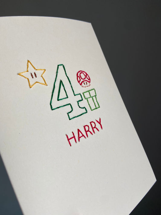 Hand-stitched Personalised Super Mario inspired Birthday Card