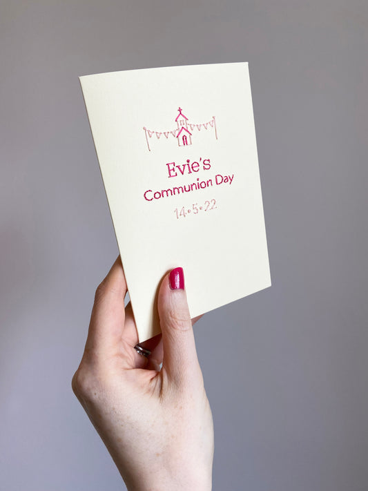 Hand-stitched Personalised Communion Day Card with Date
