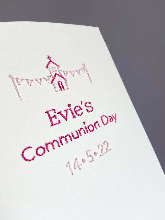 Hand-stitched Personalised Communion Day Card with Date