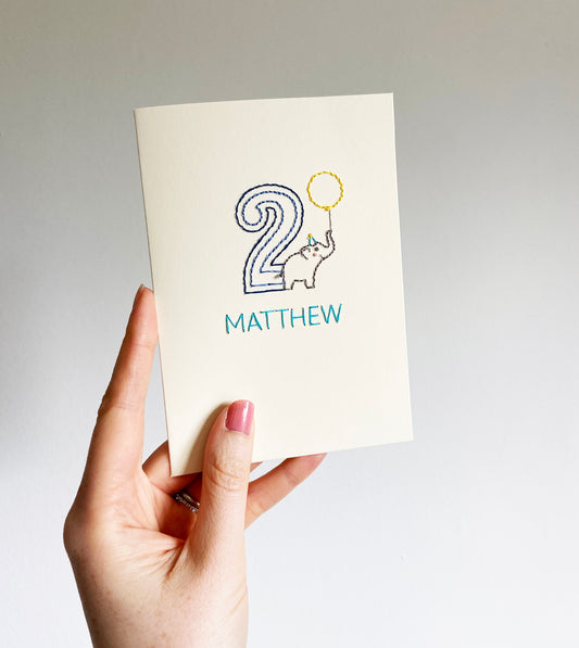 Hand-stitched Personalised Birthday Elephant Age Card