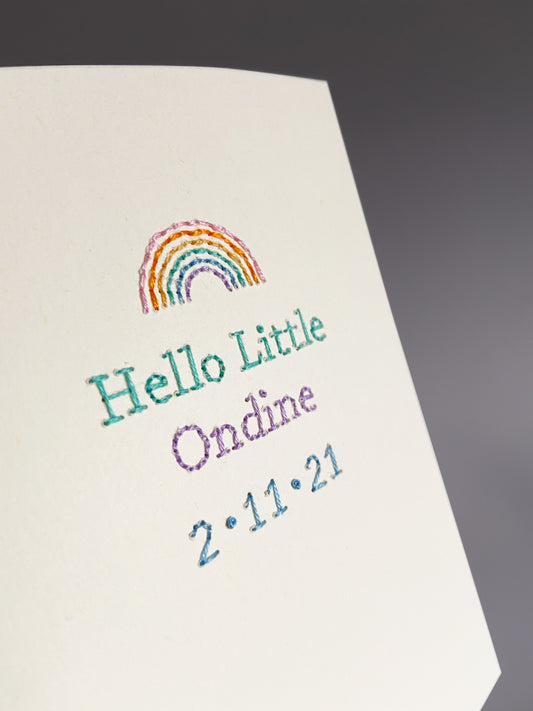 Hand-stitched Personalised Pastel Rainbow New Baby Card with Date
