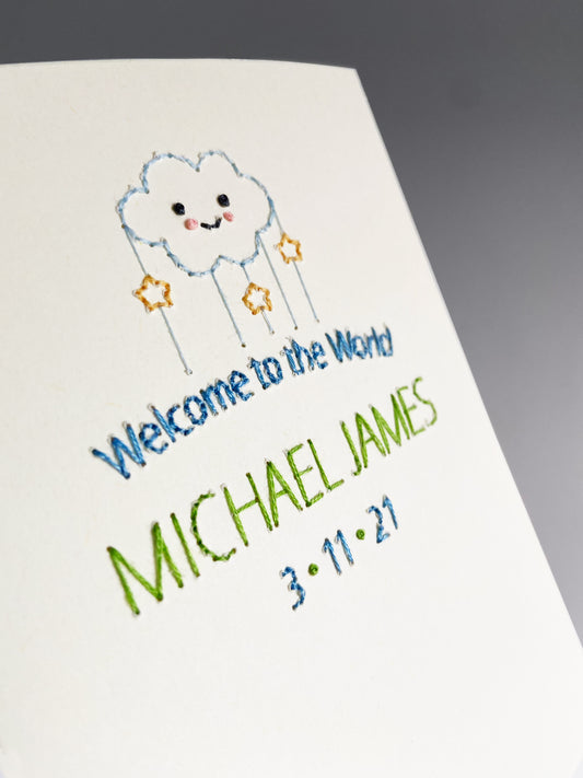 Hand-stitched Personalised Double Barrel Name Welcome to the World Card - Blue