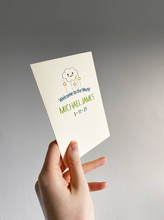 Hand-stitched Personalised Double Barrel Name Welcome to the World Card - Blue