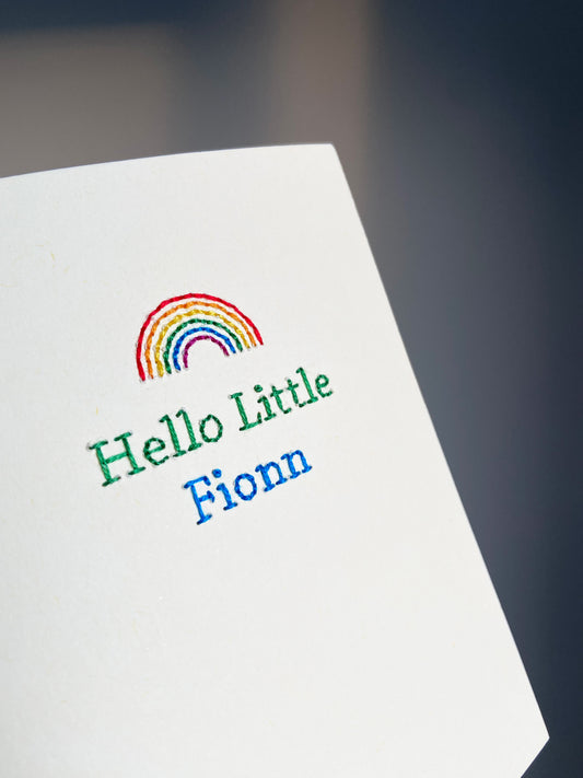 Hand-stitched Personalised Rainbow New Baby Card