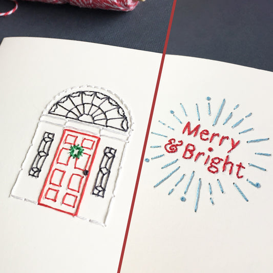Hand-stitched Irish Christmas Georgian Door + Merry & Bright Card (Two Cards)