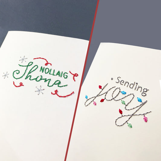 Hand-stitched Irish Christmas Nollaig Shona + Sending Joy Card (Two Cards)