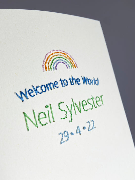 Hand-stitched Personalised Welcome to the World Rainbow Baby Card