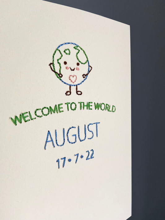 Hand-stitched Personalised Welcome to the World Card Happy Earth