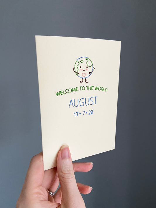 Hand-stitched Personalised Welcome to the World Card Happy Earth