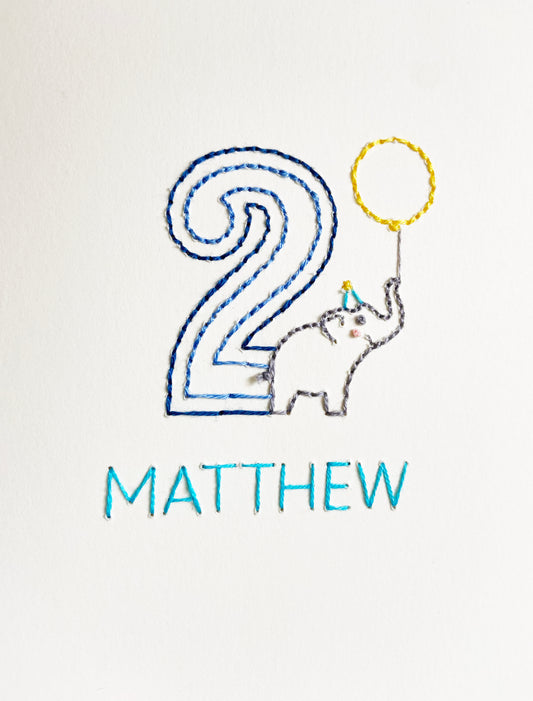 Hand-stitched Personalised Birthday Elephant Age Card