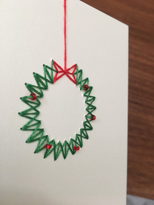 Handmade Modern Stitched Christmas Wreath Card