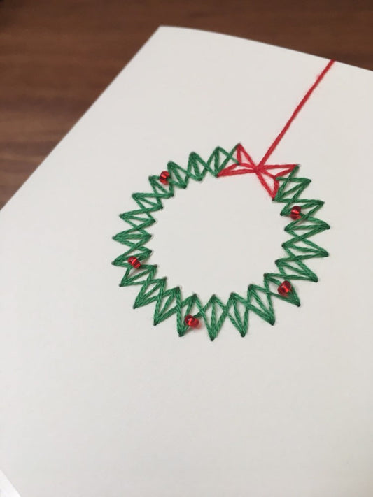 Handmade Modern Stitched Christmas Wreath Card
