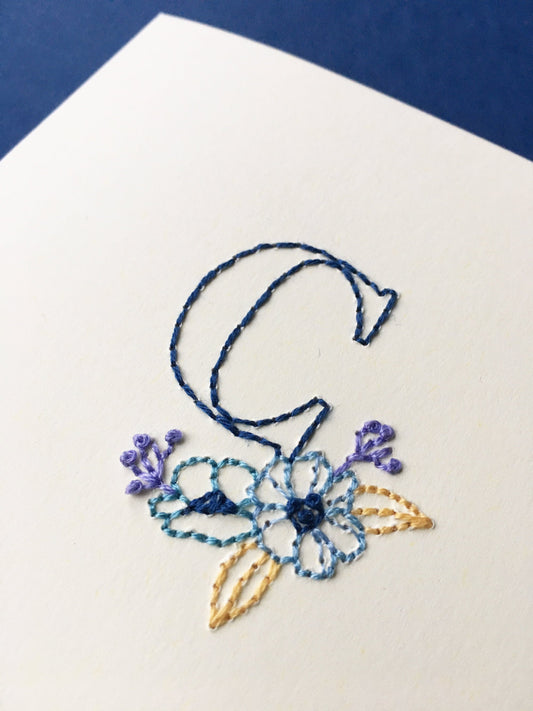 Hand-stitched Blue Floral Initial Card