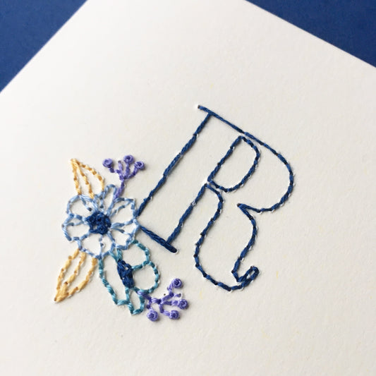 Hand-stitched Blue Floral Initial Card