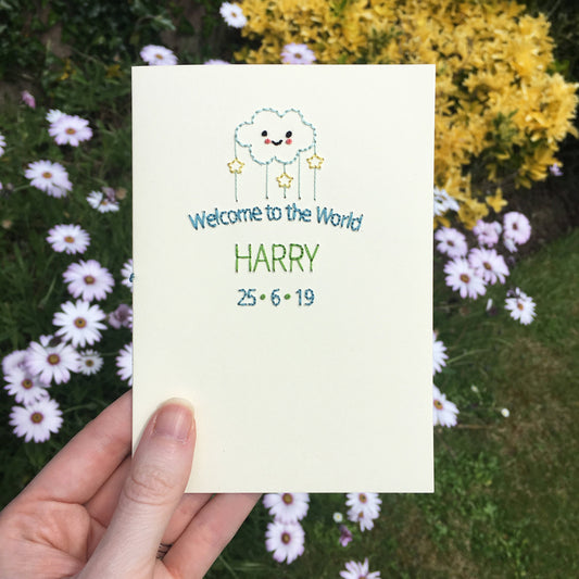 Hand-stitched Personalised Welcome to the World Card with Date - Blue