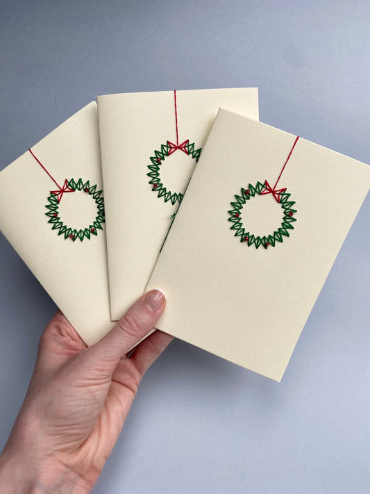 Hand-stitched Modern Christmas Wreath Cards - Pack of 3