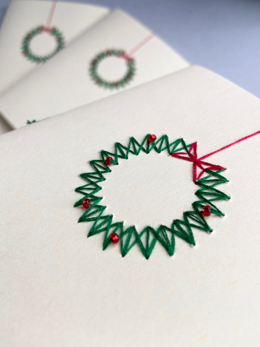 Hand-stitched Modern Christmas Wreath Cards - Pack of 3