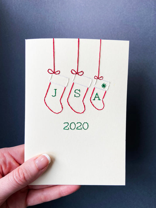 Hand-stitched Personalised Family of Three Stockings Card
