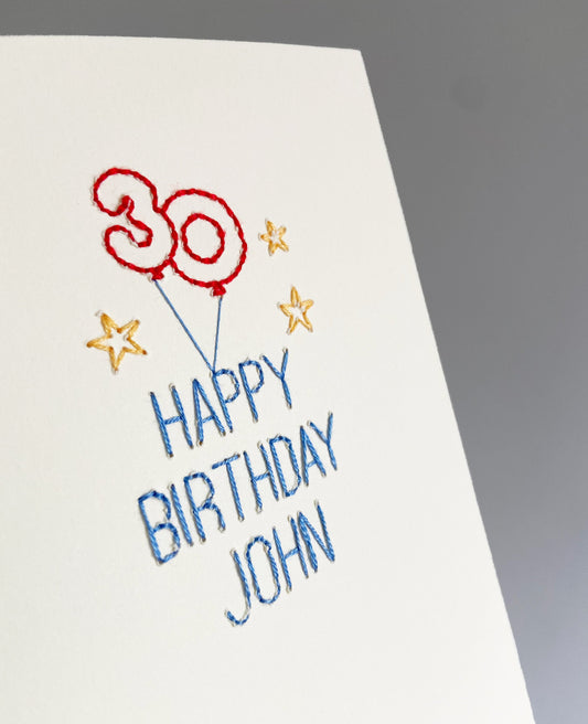 Hand-stitched Personalised Birthday Age Card - Blue