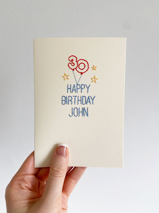 Hand-stitched Personalised Birthday Age Card - Blue