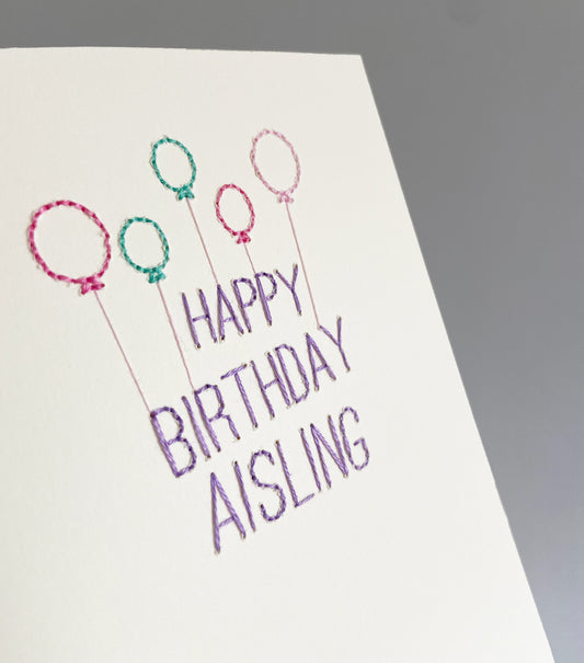 Hand-stitched Personalised Purple Birthday Card