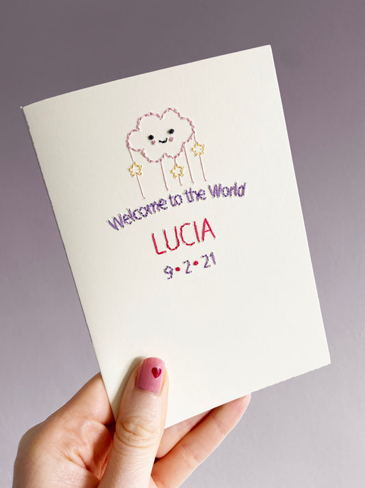 Hand-stitched Personalised Welcome to the World Card - Pink