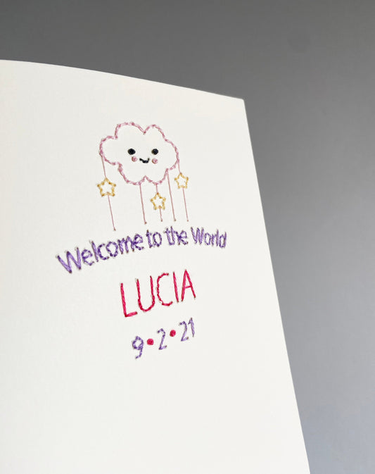 Hand-stitched Personalised Welcome to the World Card - Pink