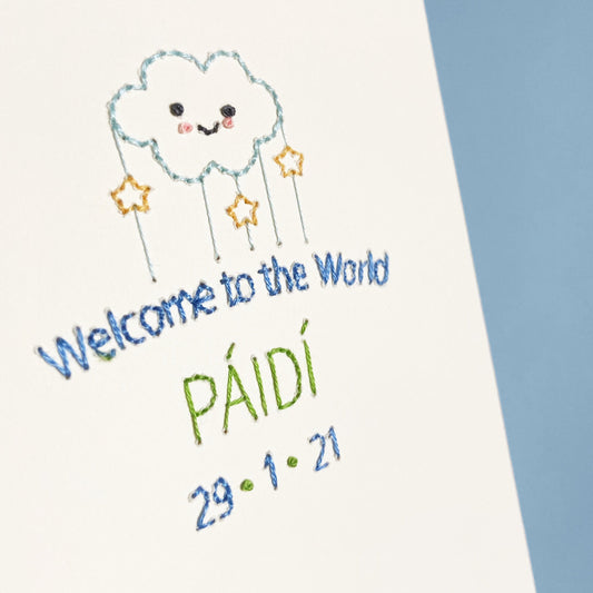 Hand-stitched Personalised Welcome to the World Card with Date - Blue