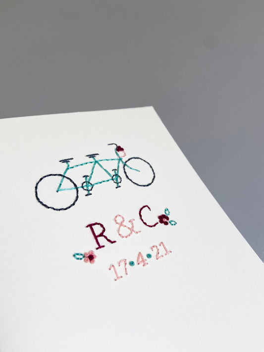 Hand-stitched Tandem Bicycle Couple Card and Date