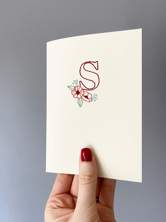 Hand-stitched Pink and Peach Floral Initial Card